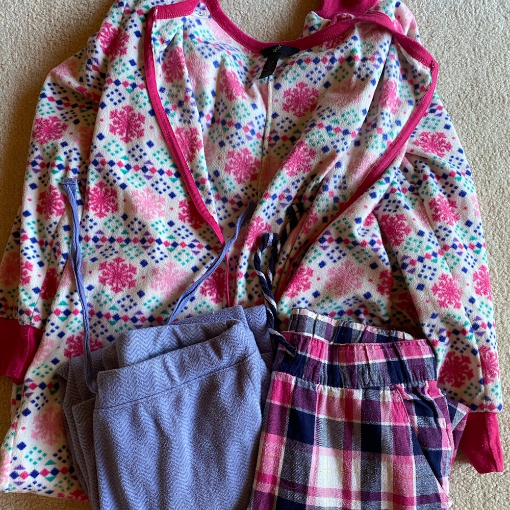 Onesie and 2 pairs of Pajama pants size small